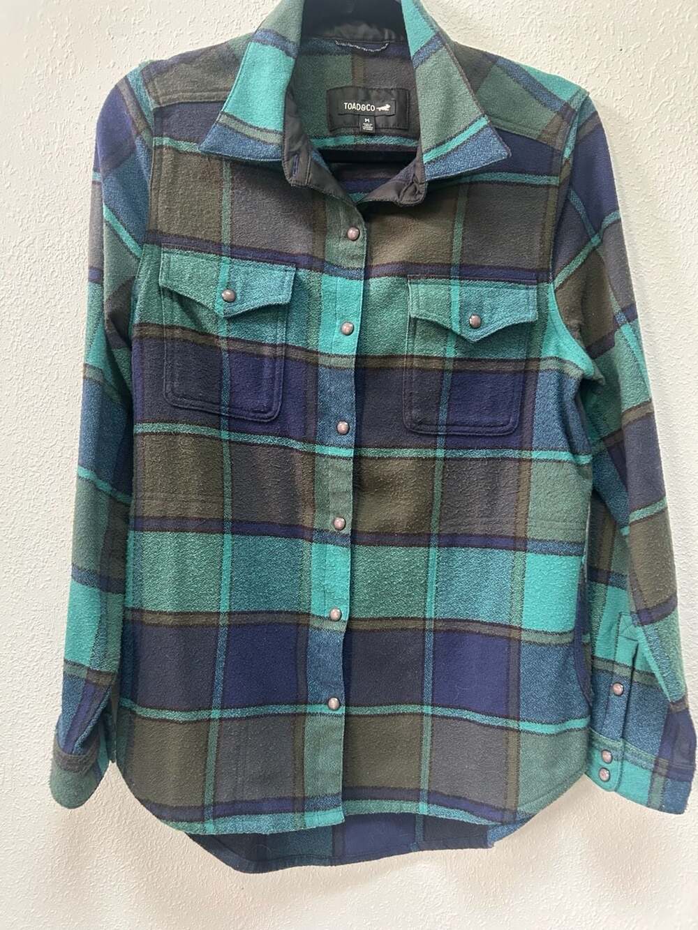 Toad&Co Women's Folk Yah Medium Turquoise Blue Green Plaid Fleece snap button up